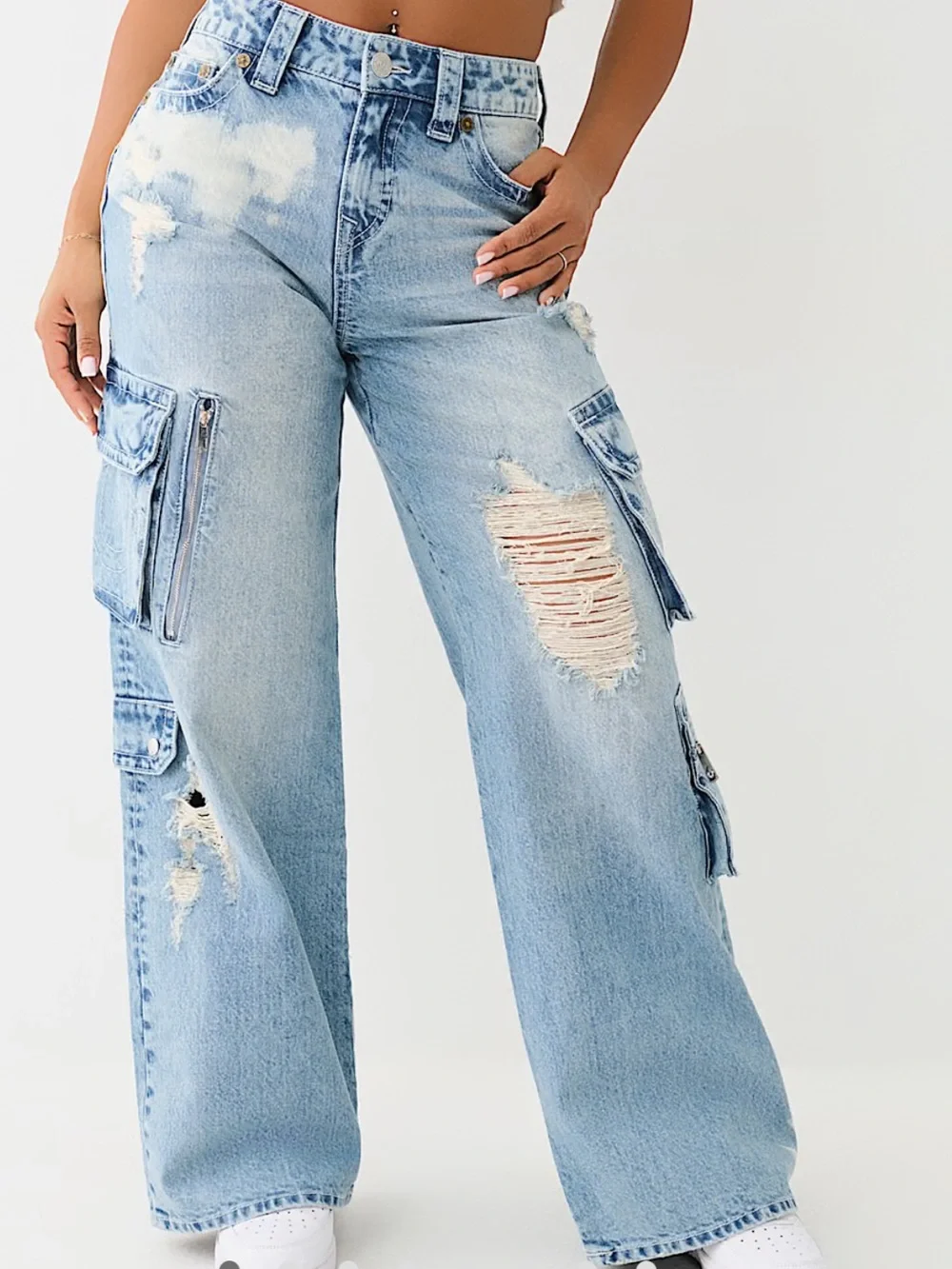 True Religion Light Blue Distressed Wide Leg Cargo Jeans NWOT